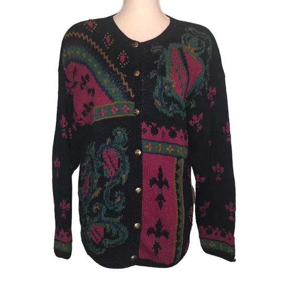 VINTAGE Portraits by NORTHERN ISLES Sz L Women Navy Wine Green Cardigan Sweater - Picture 1 of 6